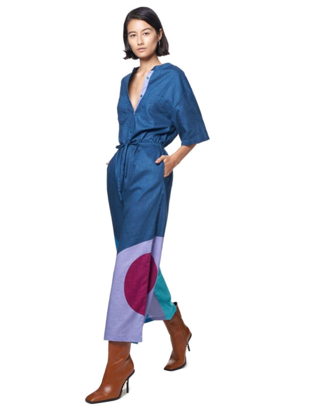 Colorblock Blue Geometric Jumpsuit with Drawstring Waist